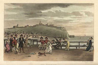 温泉露台：刮风的日子里，游客们在悬崖露台上漫步。 Thomas Rowlandson 的手绘铜版画，J. C. Stadler 的 aquatint，根据 J. Green 的草图来自伦敦阿克曼的斯卡伯勒诗意素描 作者 托马斯·罗兰森