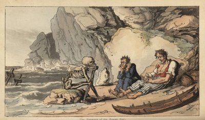 死亡的骷髅与两名遇难的水手坐在海滩上。 由 Thomas Rowlandson 从伦敦阿克曼的英国死亡之舞中绘制和雕刻的手绘铜版 作者 托马斯·罗兰森