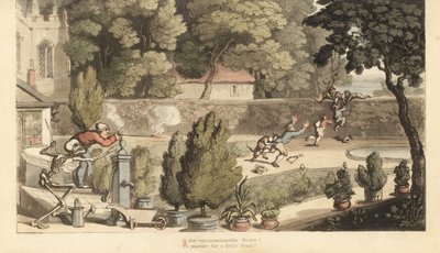 死亡骷髅帮助地主用步枪瞄准在花园里偷猎试图翻墙的男孩。 由 Thomas Rowlandson 绘制和雕刻的手绘铜版，来自伦敦阿克曼的英国死亡之舞 作者 托马斯·罗兰森