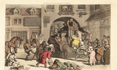死亡骷髅帮助一个大主母进入致命的最后阶段。 由 Thomas Rowlandson 从伦敦阿克曼的英国死亡之舞中绘制和雕刻的手绘铜版 作者 托马斯·罗兰森