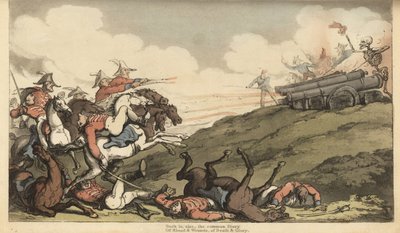 死神的骨架向英国骑兵的冲锋发起了一连串的炮火。托马斯-罗兰森绘制和雕刻的手绘铜版画，出自《英国死亡之舞》，阿克曼，伦敦 作者 托马斯·罗兰森