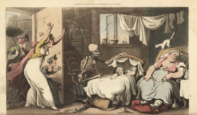 The skeleton of Death rocks the cradle of a baby while the nanny sleeps and the distraught mother arrives home. Handcoloured copperplate drawn and engraved by Thomas Rowlandson from The English Dance of Death, Ackermann, London 作者 托马斯·罗兰森