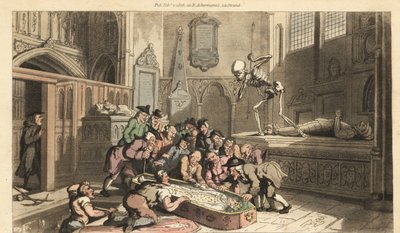 死神的骷髅看着古物收藏家从教堂的地下室挖掘出国王的尸体。 由 Thomas Rowlandson 绘制和雕刻的手绘铜版，来自伦敦阿克曼的英国死亡之舞 作者 托马斯·罗兰森