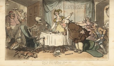 带着飞镖和沙漏的死亡骷髅在他吃晚饭时为饕餮而来。 由 Thomas Rowlandson 绘制和雕刻的手绘铜版，来自伦敦阿克曼的英国死亡之舞 作者 托马斯·罗兰森