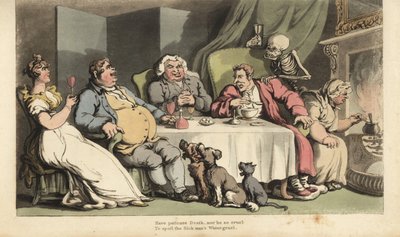 The skeleton of Death with hourglass comes for the sick man as he eats gruel at the dining table with his drinking buddies in front of the fireplace. Handcoloured copperplate drawn and engraved by Thomas Rowlandson from The English Dance of Death, Ackerman 作者 托马斯·罗兰森