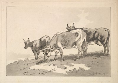 站立在领域的土坎的三头母牛，1784-87。 作者 托马斯·罗兰森