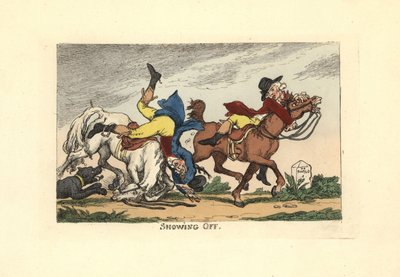 Two men falling off their horses after showing off. Showing Off. 作者 托马斯·罗兰森