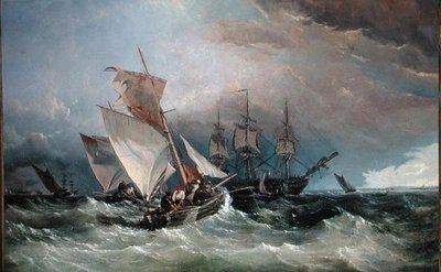 诺尔河上的割虾船，远处的Sheerness，约1854年（布面油画）。 作者 托马斯·塞威尔·罗宾斯
