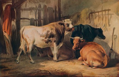 公牛和三头牛在马able里，c1856 作者 托马斯·西德尼·库珀