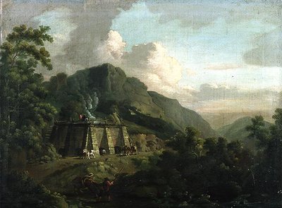树林中的风景，工人和马匹在石灰窑中工作（布面油画 作者 德比的托马斯·史密斯
