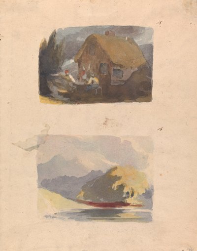 一张纸上两幅画：有人物的小屋（第 15 号）；有河流和山脉的风景--阳光（第 16 号） 作者 托马斯·萨利