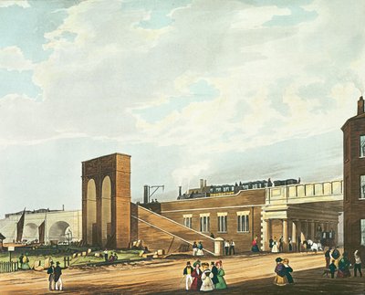 进入曼彻斯特横跨水街，由Ackermann und Co.出版的Henry Pyall（1795-1833），1831年（彩色aquatint） 作者 托马斯·塔尔伯特·伯里