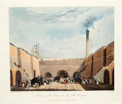 1831年利物浦边山的铁路入口（手工彩色雕刻） 作者 托马斯·塔尔伯特·伯里