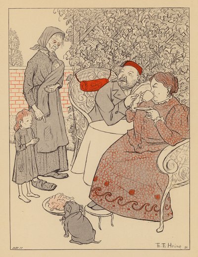 可怜的妇女询问她和她的孩子能否吃到狗剩下的食物（彩色石版画） 作者 托马斯·西奥多·海涅