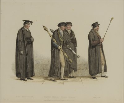 副校长，Esquire Beadle，Yeoman Beadle，Verger，由J. Agar雕刻，出版于R. Ackermann的“牛津历史”，1813年（手工彩色雕刻） 作者 托马斯·尤文斯
