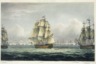 HMS胜利航行于1805年10月21日在特拉法加战役中由Euryalus和HMS Temeraire开辟的法国航线，由T. Sutherland为“英国海军年表”镌刻 作者 Thomas Whitcombe