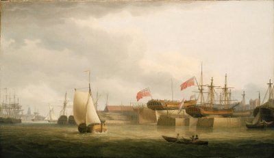 泰晤士河上的造船厂（英格兰），位于雷德里夫，莱姆豪斯圣安妮教堂塔楼对面。布面油画 作者 托马斯·惠特科姆