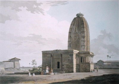 位于巴哈尔的迪奥的印度教寺庙，板块二十三来自 "东方风景"，1800年出版（彩色水印）。 作者 托马斯和威廉丹尼尔