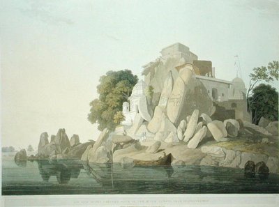 S.W. Sultaungunge附近恒河中的Fakeers岩石景观，板块61来自《东方风景》。东方风光：印度斯坦的二十四景》，1800年出版（彩色平印）。 作者 托马斯和威廉丹尼尔