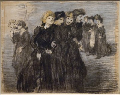 米迪内特的退场（1907 年前）。Theophile Alexandre Steinlen（1859-1923 年）。纸上炭笔和粉彩。巴黎市立美术馆，PeuPalais。 作者 西奥菲勒·亚历山大·斯坦伦