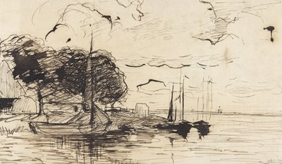 有谷仓和帆船的岸边 作者 Theophile de Bock (可能)
