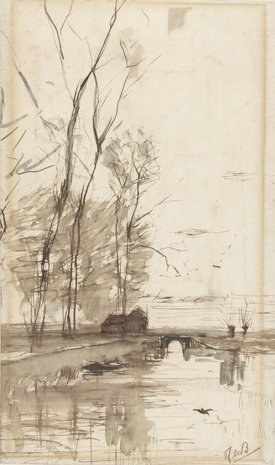 运河美景与高大树木、农舍和小桥相映成趣 作者 Theophile de Bock (可能)