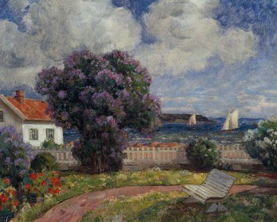 海岸风景与盛开的丁香花丛（布面油画） 作者 Thorolf Holmboe