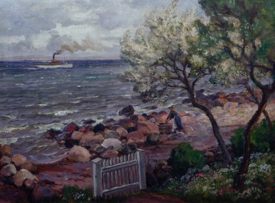 带花园大门和女人的夏日风景（布面油画） 作者 索罗尔夫·霍尔姆博