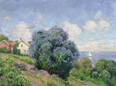 有丁香树丛、房屋和帆船的夏日风景（布面油画） 作者 索罗尔夫·霍尔姆博