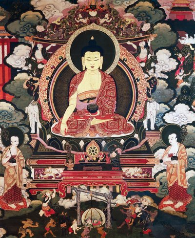 佛陀坐在他的两个大弟子卡里普特拉和毛利耶那之间，《释迦牟尼佛的生活》中的场景，西藏文明 作者 藏族学校