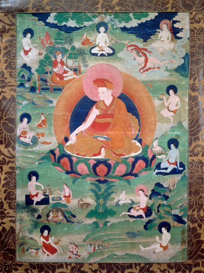 生活在11世纪的喇嘛Rado Rje Grags Pa，被他的追随者包围，绘画，西藏文明 作者 藏族学校