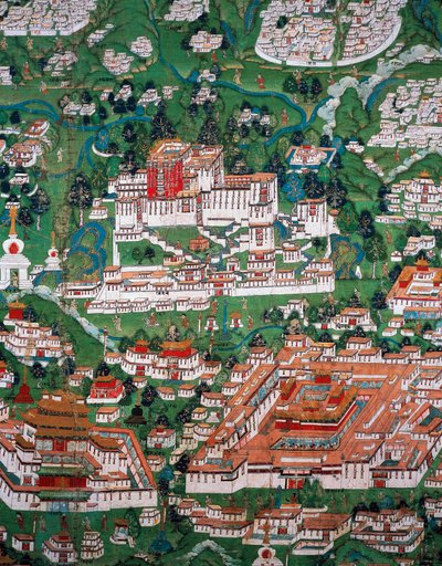 拉萨市和布达拉宫，彩色版画 作者 藏族学校