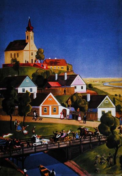 典型的匈牙利村庄，来自旅游手册的插图，约1930-40年（彩色平版印刷）。 作者 蒂博尔·波利亚（Tibor Polya）