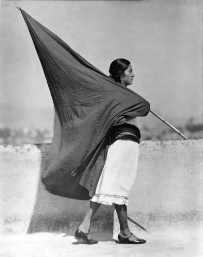 有旗子的妇女，墨西哥城，1928年 作者 Tina Modotti