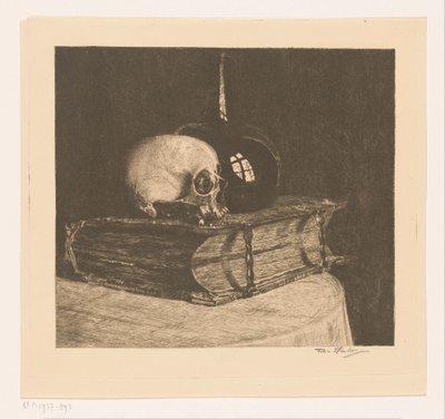 有头骨和圣经的静物画 作者 Titia Heukers（艺术家签名）