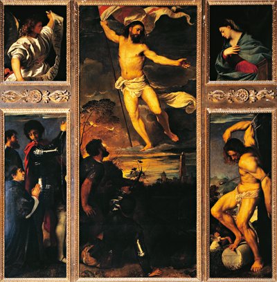 Vecellio Tiziano（1488-1576）的Averoldi祭坛画，布面油画，278x292厘米 布雷西亚的圣人纳扎里奥和塞尔索学院教堂 作者 提香（c.1488-1576）