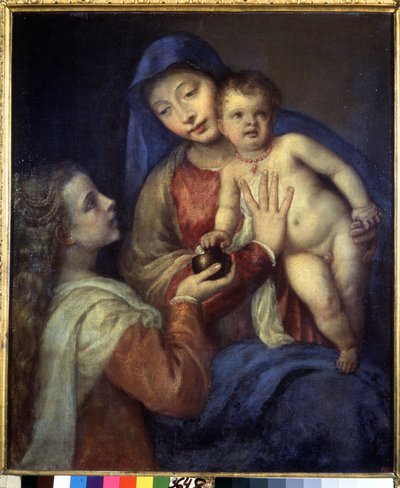 圣母子与抹大拉的马利亚》。提香（Tiziano Vecellio 或 Vecelli 或 Tiziano da Cador）的画作 作者 提香（c.1488-1576）