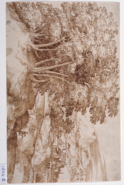 左侧为树木，背景为城市的风景（纸上钢笔和墨水） 作者 提香（c.1488-1576）
