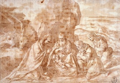 提香（约1490-1576）的《耶稣诞生》，图画 作者 提香（c.1488-1576）