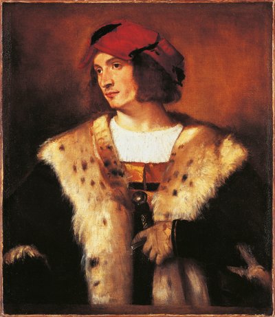 穿着毛皮的年轻男子的肖像 作者 提香（c.1488-1576）