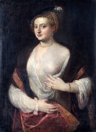 不知名的女士，被称为“提香的情妇”，c.1550（布面油画） 作者 提香（c.1488-1576）（追随者）