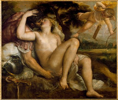 Venus, Mars and Amour (oil on canvas 作者 提香（c.1488 1576）（车间）