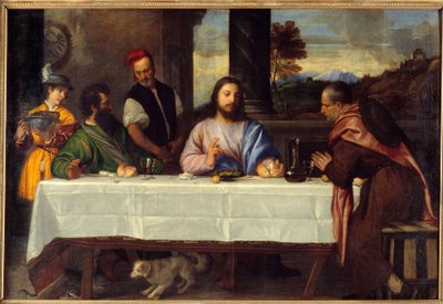 在以马忤斯的晚餐 与佩莱林会面耶稣。 由 Tiziano Vecellio dit le Titian (1485-1576) 绘制的 16 世纪太阳。 1,69x2,44 m 作者 提香（c.1488-1576）