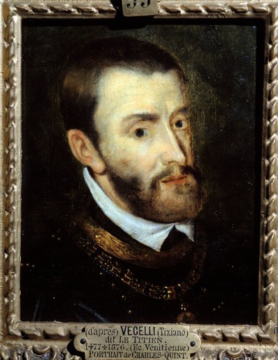 查理五世皇帝（1500-1558 年）的肖像 由 Augustine Quesnel（1595-1661 年）在 16 世纪被称为 Le Titian（1485-1576 年）的 Tiziano Vecellio 之后绘制。 尚蒂伊，孔德博物馆 作者 提香（c.1488-1576）