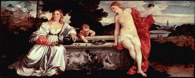 Tiziano Vecellio 的《神圣的爱与世俗的爱》画作提香 (1490-1576) 约 1515 年。 太阳。 118x279 厘米罗马，博尔盖塞美术馆 - 神圣和亵渎的爱 - 由 Tiziano Vecellio 作画，称为提香（约 1488-1576 年），布面油画，约 1515 (118x279) 作者 蒂齐亚诺·韦切利（Tiziano Vecelli）