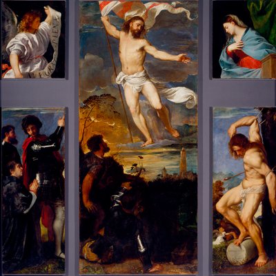 复活“”圣母”“”“圣塞巴斯蒂安”“”和赞助商。 Averoldi polyptych 的面板。 Tiziano Vecellio 在木头上作画，名为 Titian（约 1490-1576），16 世纪布雷西亚，圣纳扎罗和塞尔索教堂 作者 提香（c.1488-1576）