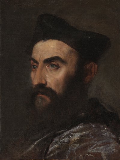 牧师的肖像，胸围长，穿着蓝色外套和黑色的帽子-片段 作者 Tiziano Vecelli