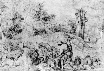 牧羊人与羊群风景，c1520，1937年 作者 蒂齐亚诺·韦切利（Tiziano Vecelli）