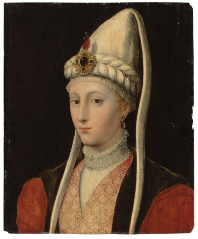 女人的肖像，可能是HasekiHürremSultan，名叫Roxelana，胸围长，穿着奥斯曼帝国的服装，头戴珠宝首饰 作者 Tiziano Vecelli