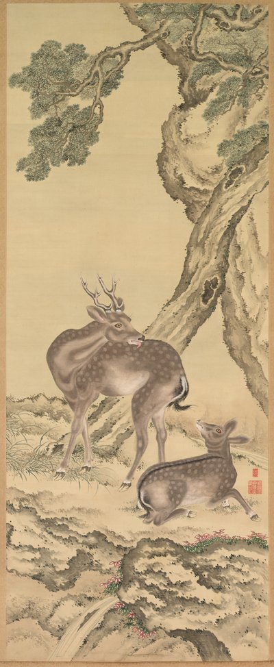 长寿的象征：桃树和松树下的鹿（桃）（左） 作者 户田忠中